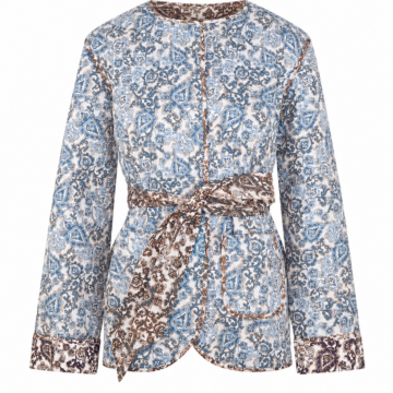 Collarless Paisley Print Jacket with Self-Tie Sash