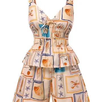Cream Maritime Print Two-Piece Set with Peplum Top and Wide-Leg Shorts