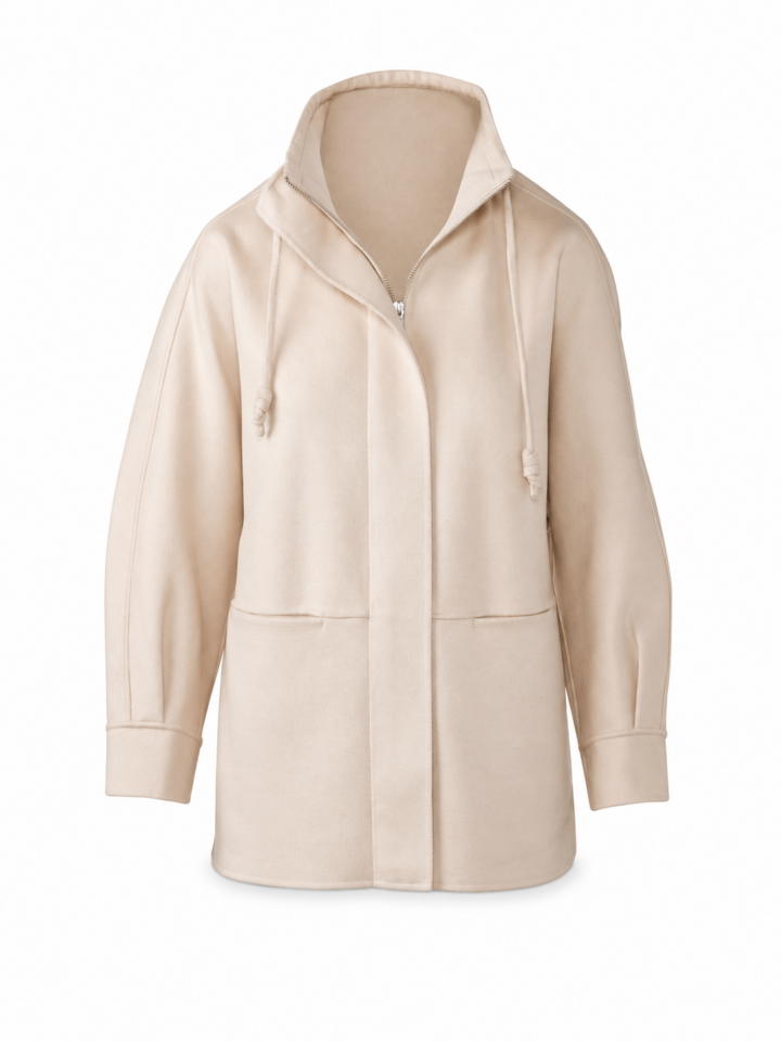 Light Beige Longline Hooded Half-Zip Jacket with Kangaroo Pockets