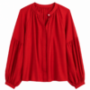Red Flowy Split Neck Blouse with Long Sleeves
