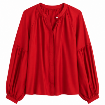Red Flowy Split Neck Blouse with Long Sleeves