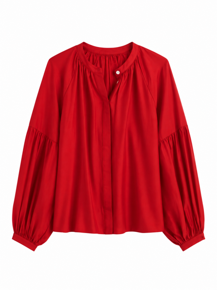 Red Flowy Split Neck Blouse with Long Sleeves
