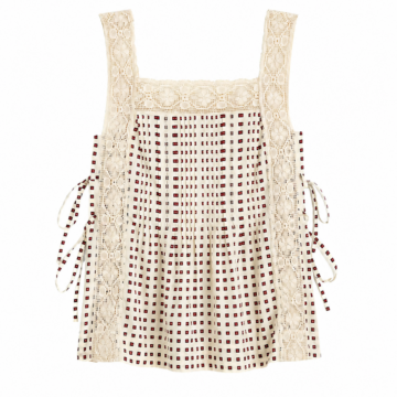 Cream and Maroon Checkered Crochet-Lace Sleeveless Top