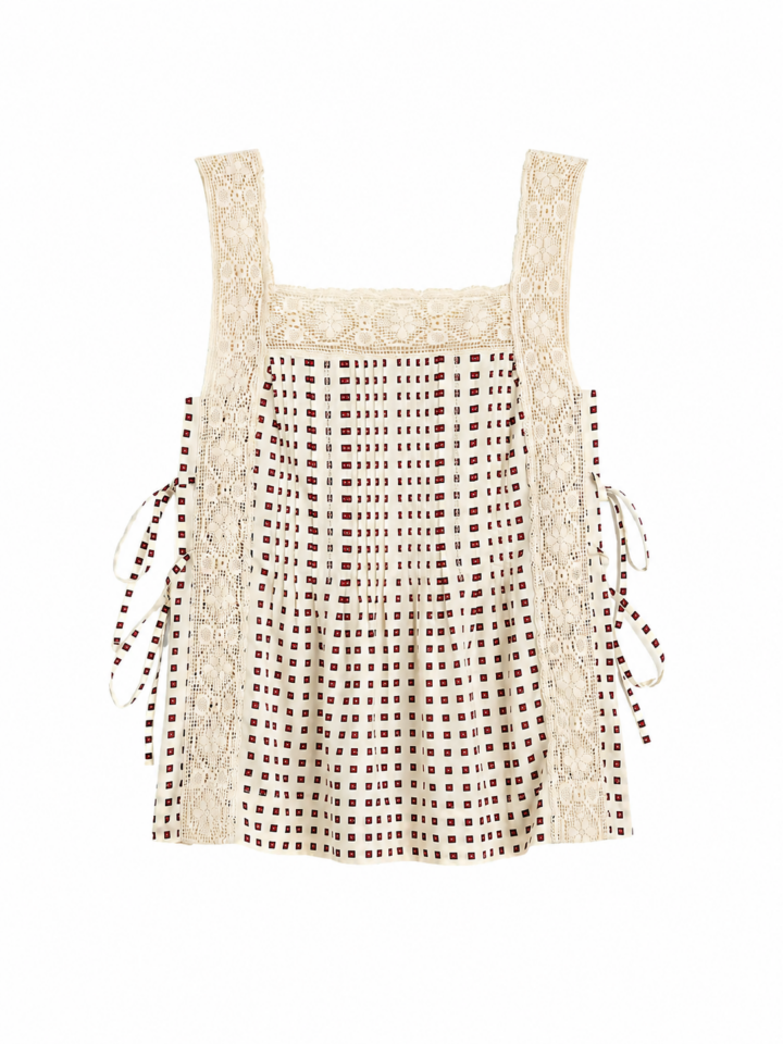 Cream and Maroon Checkered Crochet-Lace Sleeveless Top