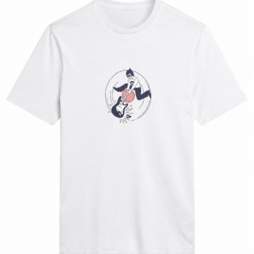 White Short-Sleeve Crewneck T-Shirt with Guitar Graphic