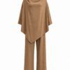 Camel Brown Cowl Neck Top and Flare Pants Two-Piece Set