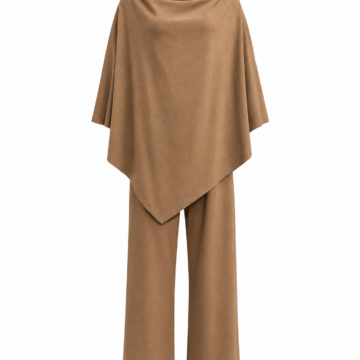 Camel Brown Cowl Neck Top and Flare Pants Two-Piece Set