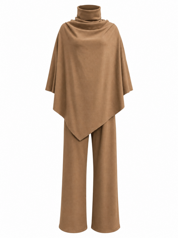 Camel Brown Cowl Neck Top and Flare Pants Two-Piece Set