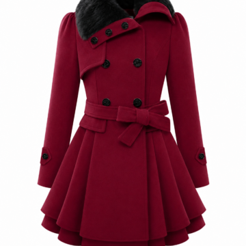 Burgundy Double-Breasted Flared Coat with Faux-Fur Collar
