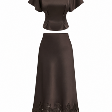 Dark Brown Two-Piece Crop Top and Midi Skirt Set