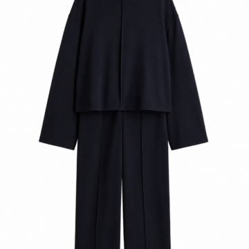 Black Boxy Funnel Neck Top and Straight-Leg Pants Two-Piece Set