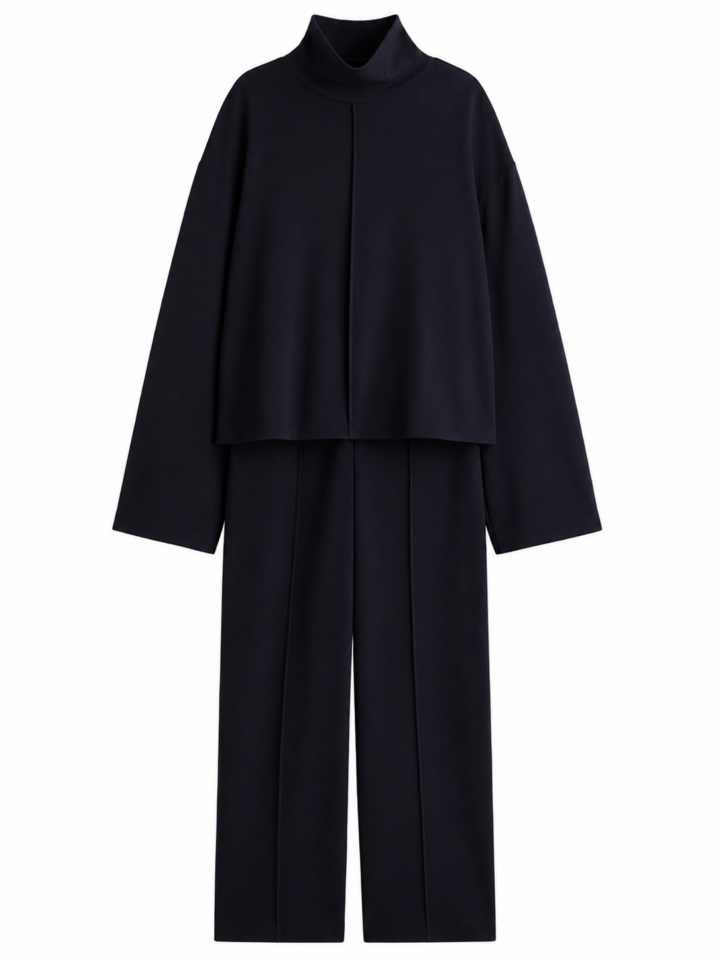 Black Boxy Funnel Neck Top and Straight-Leg Pants Two-Piece Set