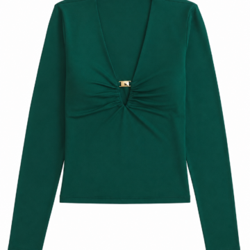 Dark Green Ruched V-Neck Fitted Top with Gold Clasp