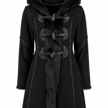 Black Hooded Faux Fur Trim Toggle Coat with Flared Hem