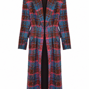 Blue Pink Plaid Longline Tailored Coat with Notched Lapels