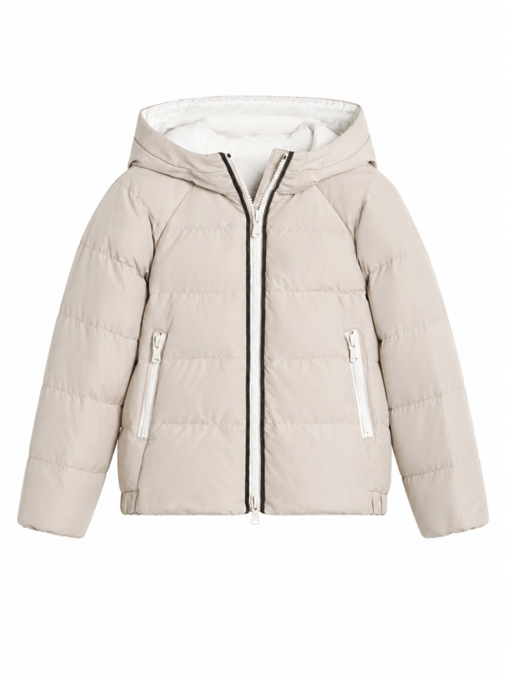 Light Beige Quilted Hooded Puffer Jacket with White Lining