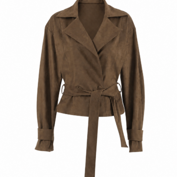 Dark Brown Wrap-Front Faux Suede Jacket with Belt