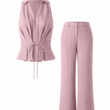Dusty Rose Two-Piece Set with Collared V-Neck Top and Wide-Leg Pants
