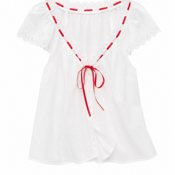 White Off-Shoulder Lace-Trim Blouse with Red Ribbon