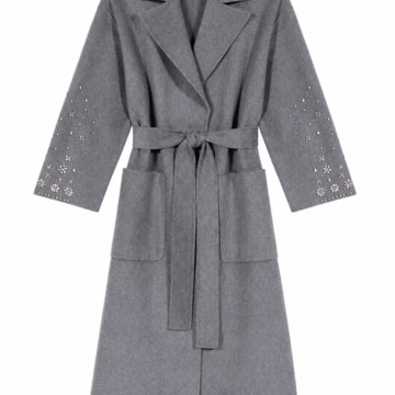 Medium Grey Longline Wrap Coat with Stud Embellishments