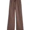 Brown Wide-Leg Pants with White Pinstripe and Drawstring Waist