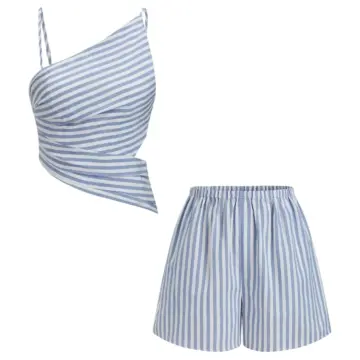 Blue and White Striped Two-Piece Set: Crop Top and Loose Shorts