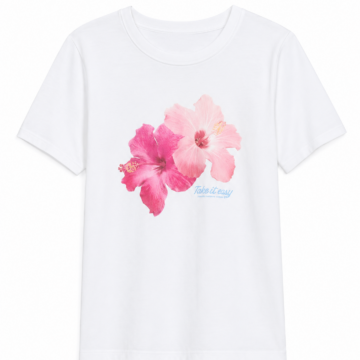 White Crewneck T-Shirt with Pink Hibiscus Graphic