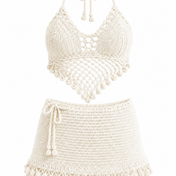 Off-White Crochet Two-Piece Halter Bralette and Mini Skirt Set