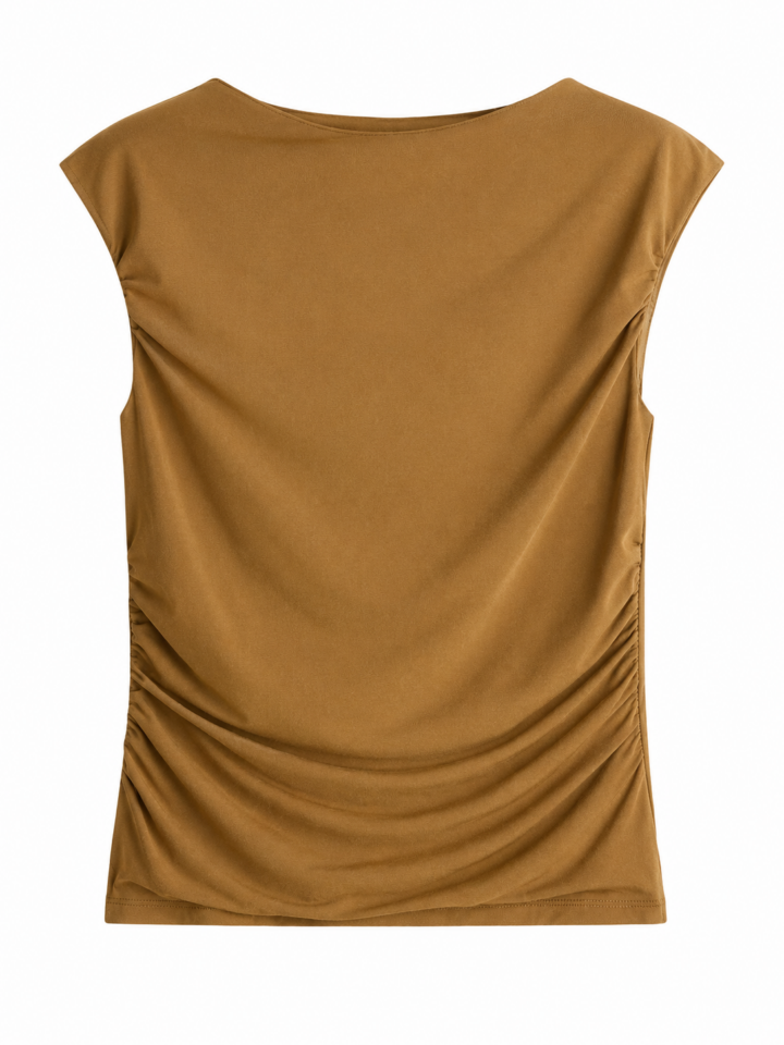 Brown Fitted Cap-Sleeve Top with Ruching