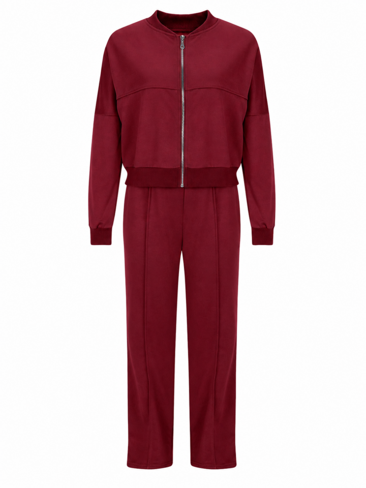 Burgundy Bomber Jacket and Pants Two-Piece Set