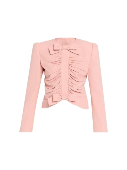 Light Pink Fitted Crop Top with Ruched Details and Bows