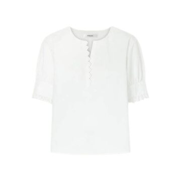 White Short-Sleeve Knit Top with Button Placket