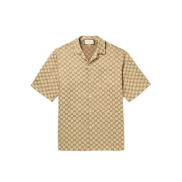 Beige Brown Geometric Monogram Print Short-Sleeve Shirt