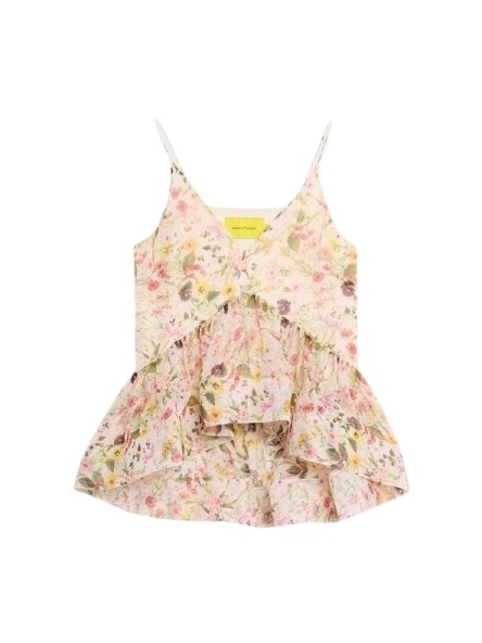Pink Cream Floral Print Sleeveless Ruffle Camisole