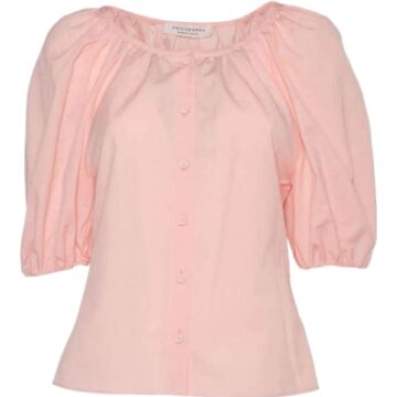 Pink Puff-Sleeve Button-Front Blouse