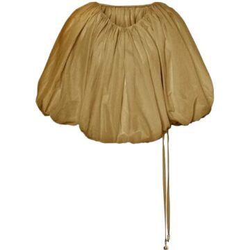 Gold-Brown Balloon Sleeve Cropped Top with Tie Front